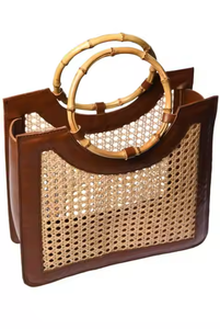 Sac de paille petit panier fourre-tout en bambou sac de plage pour femmes Boho blanc sac à main avec poignée en cuir - Product Image 5