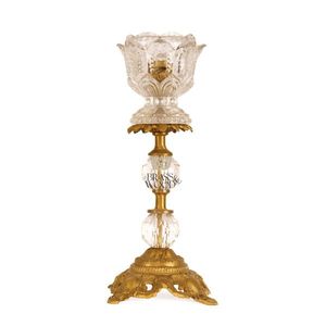 Antique brass and <b>crystal</b> single candle holder with ornate detailing engraved glass cup vintage inspired design - Product Image 1