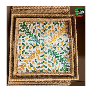 Plateau de service en rotin, mosaïque de nacre mélangée, plateau naturel fait à la main pour restaurant, incrustation de nacre ronde artisanale - Product Image 4