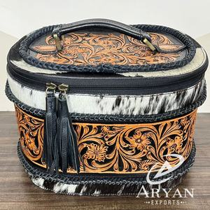 Wholesale Price Portable Hand Tooled Leather Makeup Box Travel Cosmetic Case Customized Logo Genuine Cowhide Leather Jewelry Box - Product Image 1