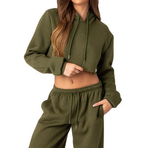 Conjuntos de chándal de invierno de poliéster/algodón personalizados para mujer, conjunto de Sudadera con capucha y pantalón recortado con cremallera ligera de 2 piezas al por mayor - Product Image 3