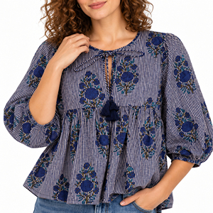 Blusa india con estampado de bloques para verano y otoño, diseño floral bohemio informal, tejida, transpirable, con botones, cuello en V, manga abullonada, ecológica - Product Image 4