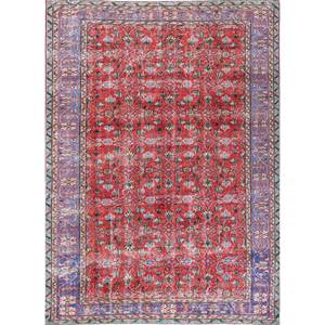 Alfombra de Lana Anudada a Mano Vintage de Gran Tamaño Pae-2294 con Patrón Floral Rojo y Naranja para Sala de Estar o Pasillo para Adolescentes - Product Image 1