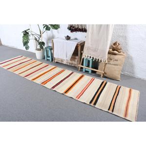 2.6x11.1 ft Vintage <b>Runner</b> <b>Rug</b>, Turkish White Abstract <b>Rug</b> - Product Image 2