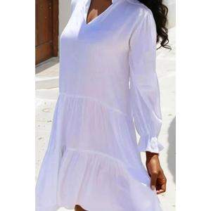 Vestido de Verano Corto para Mujer, de Seda/Algodón Blanco, Ecológico, Lavable, Manga Larga, Cuello en V, Estilo Casual, Holgado, con Lazos, para la Playa - Product Image 4