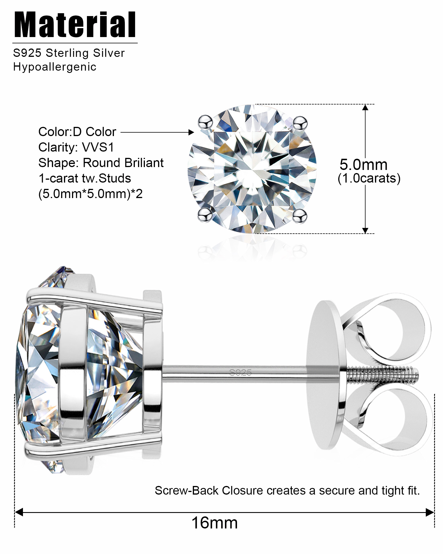 Orecchini da donna con diamanti moissanite da 1,2 cttw, colore D, purezza VVS1, piccoli orecchini in argento Sterling con moissanite, orecchini a cerchio per donne e uomini con certificato, Argento