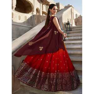 ชุดเลเฮนกาโชลีงานแต่งงานผ้าจอร์เจตสีส้มสวยงามสำหรับเด็กผู้หญิง พร้อมงานปักกระจกสีไวน์ ชุดแต่งงานและชุดเดรส - Product Image 2