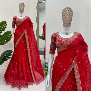 Sari de seda suave pura de diseñador indio de color rojo, borde de trabajo de secuencia y trabajo de bordado hermoso para ropa de boda y fiesta - Product Image 5