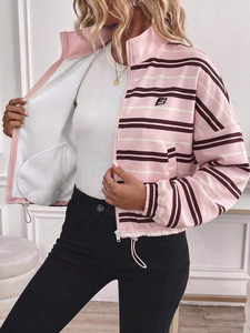 Custom Unisex Striped <b>Zip</b> <b>Up</b> <b>Jacket</b> Stand Collar Long Sleeve Casual Windbreaker Drawstring Hem Relaxed Fit Streetwear Hoodies - Product Image 4