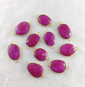 Dyed Ruby Corundum Connector Gold Plated Silver 925 Bezel Pendant Charms Connectors Link Chain Finding Jewelry