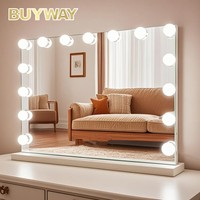 Miroir de maquillage LED Hollywood blanc à 15 ampoules 50x40cm avec base fixe, miroir sans cadre pour chambre à coucher, salon, hôtel, salon de coiffure