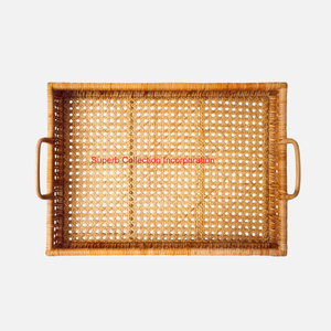 Plateau de service en rotin naturel tissé à la main avec poignées en cuir Plateau de rangement décoratif en osier rectangulaire pour l'organisation de la cuisine - Product Image 3