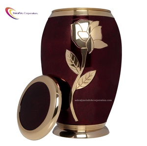 Urna Funeraria de Metal Color Vino Tinto para Adultos con Impresionante Rosa Dorada, Estilo Americano, Recipientes para Cenizas Conmemorativas, Suministros Funerarios al por Mayor - Product Image 1