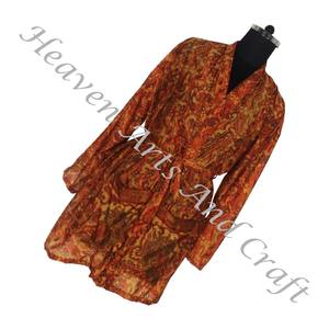 KS007 Bohemian Indian Handmade Vintage Silk Sari Floral Printed Nightwear Bathrobe Maxi <b>Dress</b> Ethnic Beach Summer Sari Kimono - Product Image 5
