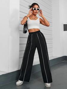 กางเกงขายาวสีดำมีเส้นสีขาวมองเห็นได้แสดงขายาวและบางมีกระเป๋าสไตล์ลำลองเล่นกีฬาได้ทุกวัน - Product Image 3