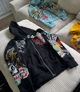 Sweat à capuche en coton délavé à l'acide personnalisé pour homme avec fermeture éclair surdimensionnée, broderie de strass, streetwear, motif imprimé - Product Image 1