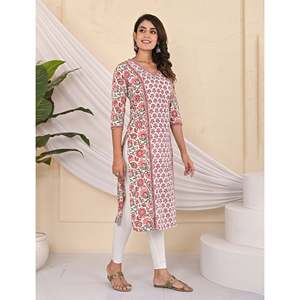 Cotton <b>Block</b> <b>Printed</b> White Jaal Kurti Traditional Indian Ethnic Long Stitched Rayon Clothing for Daily Wear Parties Floral - Product Image 5