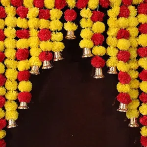 Gold marigold bandhanwar toran with bell artificial flowers garland hangings door toran for all festivals and occasions