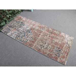 Petit tapis vintage, tapis turc 1,9x4,3 pieds, tapis en laine à carreaux bleus - Product Image 1
