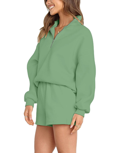 Conjunto de dos piezas de verano para mujer: Sudadera corta con cremallera de punto casual personalizada y pantalones jogger sólidos por encima de la rodilla - Product Image 5