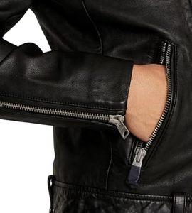 Veste en cuir véritable faite à la main, noire, style motard, col montant, décontractée, style western, imperméable, coupe-vent, haute qualité - Product Image 4