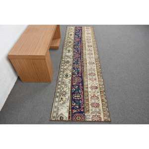 Alfombra clásica turca Kilim, diseño de retazos Beige y azul, 2,2x8,3 pies, Material de lana de tejido plano hecho a mano con respaldo de látex - Product Image 1