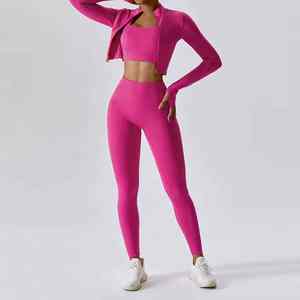 Conjunto Deportivo de 3 Piezas para Mujer, Transpirable, con Sujetador Deportivo de Alta Sujeción, Chaqueta de Manga Larga y Leggings de Yoga de Cintura Alta para Gimnasio - Product Image 3