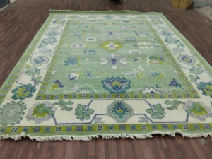 Tapis en laine Oushak NZ vert or et beige de haute qualité, tapis oriental doux au design traditionnel pour la décoration du salon - Product Image 5