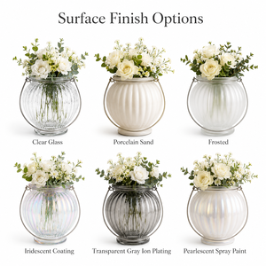 Jarrón de Vidrio Transparente <span class=keywords><strong>con</strong></span> Diseño Acanalado y Asa Metálica, Portaflores Redondo para Decoración de Mesa en Bodas y Hogar, Venta al Por Mayor - Product Image 4