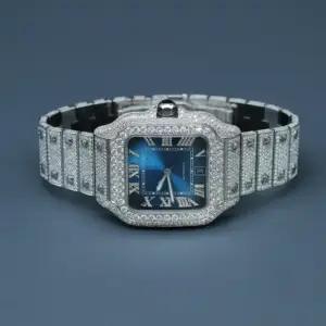 High quality watch crafted with an iced out setting on stainless steel band suitable for men also features lab grown diamond