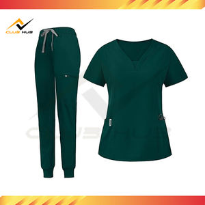 Vente en gros Ensemble de costumes d'hôpital modernes pour femmes avec logo personnalisé Haut à col en V et pantalon de jogging à jambe fuselée en tissu tissé - Product Image 2