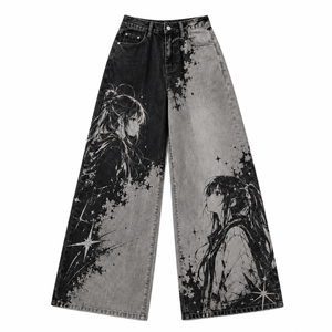 Jeans Anchos de Cintura Alta para Mujer, Estampado Digital de Anime, Estilo Verano/Invierno, Lavado Oscuro/Claro, Mezclilla Tejida, Moda Urbana Y2K - Product Image 6
