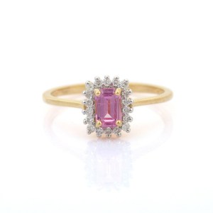 Anillo Solitario de Oro Amarillo Sólido de 14K con Zafiro Rosa Octogonal y Diamantes, Joyería de Piedras Preciosas para Mujer, para Bodas y Fiestas - Product Image 1