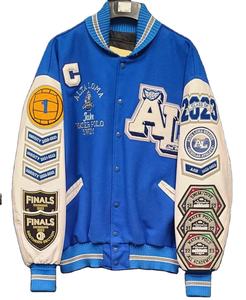 Lettermen Baseball Vestes Varsity personnalisées Corps en laine bleu royal Manches en cuir blanc avec patchs en chenille - Product Image 1