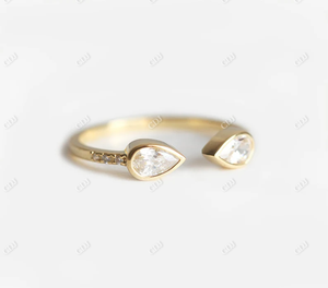 แหวนหมั้นทองคำ 14K แบบ Prong Setting ประดับเพชรโมอิสซาไนต์ทรงลูกแพร์ 0.60 กะรัต ดีไซน์ Toi et Moi แหวนแต่งงานแบบเปิด ปรับขนาดได้สำหรับผู้หญิง - Product Image 1