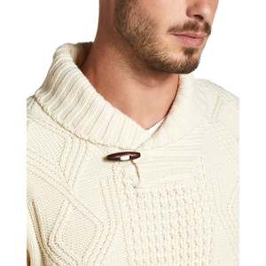 Small Size <b>Men's</b> White Fisherman Toggle <b>Shawl</b> Neck Sweater Weatherproof with Button Decoration - Product Image 3
