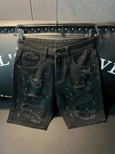 กางเกงยีนส์ผ้าฝ้ายออร์แกนิกมีสไตล์สำหรับผู้ชายกางเกงขาสั้นพิมพ์ลายหินกางเกงขาสั้นผ้ายีนส์ซักระบายอากาศแบบลำลอง - Product Image 2