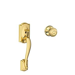 Front Entry Door Handle with Georgian Design and Bright Brass Finish Easy Install Lifetime Warranty - Product Image 1
