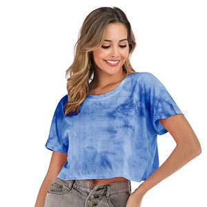 Meilleure vente de haute qualité femmes haut court T-Shirts solide col rond respirant toile manches courtes cravate teinture décontracté vêtements d'été - Product Image 5
