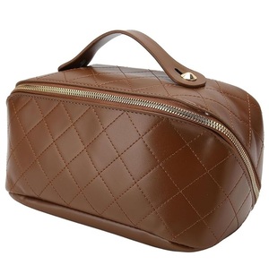 Large Capacity <b>Cosmetic</b> <b>Travel</b> <b>Bag</b>, Women's Makeup <b>Travel</b> <b>Bag</b> Portable Leather <b>Cosmetic</b> <b>Bag</b> with Handle and Divider, (Brown) - Product Image 2