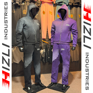 100%Custom Winter Heavyweight Fleece Sweatsuit <b>Embroidery</b> <b>Set</b> with Sunfade Wash Loose Streetwear Fit Zip up Hoodie - Product Image 1