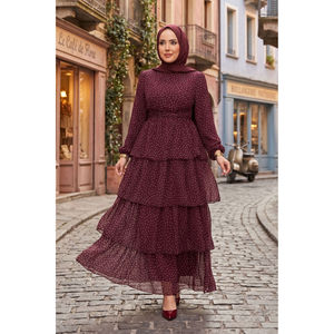 Vestido de Gasa Borgoña con Estampado de Puntos, Silueta en A Modesta con Cintura Imperio y Cinturón - Product Image 1