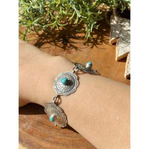 Handmade Navajo Kingman Turquoise & Sterling <b>Silver</b> Flower Concho Link <b>Bracelet</b> - Product Image 2