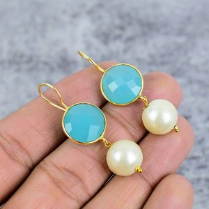 Blue Chalcedony & Pearl Round Gemstone 925 Sterling <b>Silver</b> Gold Plated Earrings Wire Earrings Gift for Women Wedding Earrings - Product Image 1
