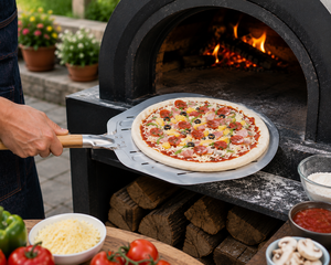 Pelle <span class=keywords><strong>à</strong></span> <span class=keywords><strong>pizza</strong></span> en aluminium Justa avec manche pliable en bois, design perforé pour un glissement facile de la pâte, idéale pour la cuisson au four - Product Image 3