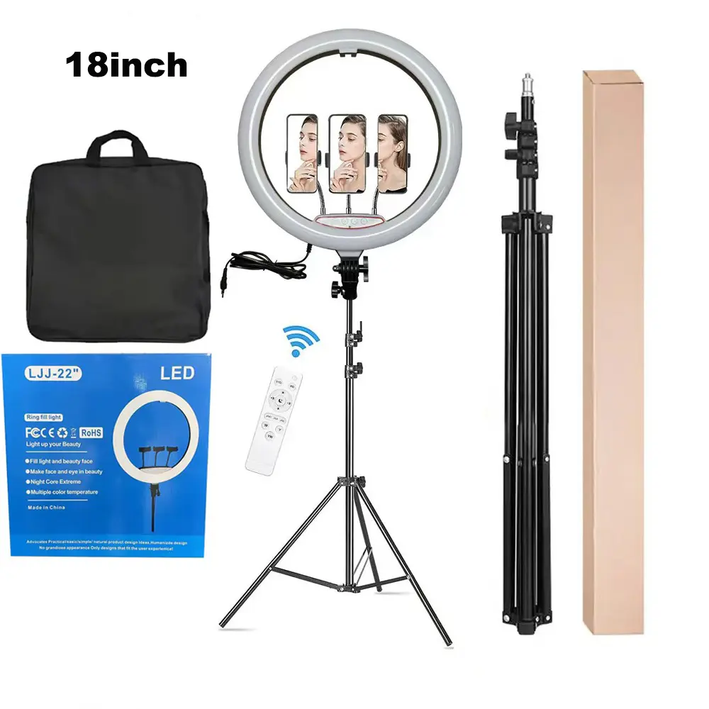 Lampu ring kilat fotografi selfie, 18 inci dengan tas tripod kit pencahayaan video studio dapat diredupkan