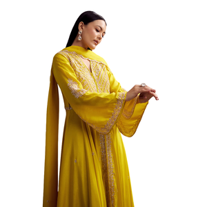 Costume Palazzo en soie russe jaune coupe Dana paillettes travail de fête de haute qualité personnalisable femmes vêtements ethniques OEM usine de vêtements - Product Image 3