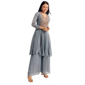 Traje gris Chinon Zardosi Kurta Palazzo, venta al por mayor de Ropa Étnica para mujer, proveedor de fábrica OEM, traje de fiesta personalizado con Dupatta - Product Image 3