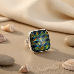 925 Silver Dichroic Glass Modern Daily Wear <b>Statement</b> <b>Ring</b> Women Resizable Gemstone Jewelry Hand-shaped Rainbows Inlay Licensed - Product Image 1