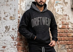 Conjunto Deportivo Personalizado para Adultos, Sudadera con Capucha y Pantalones de Chándal Negros con Pedrería, Ropa Deportiva Informal de Invierno, 100% Algodón - Product Image 4
